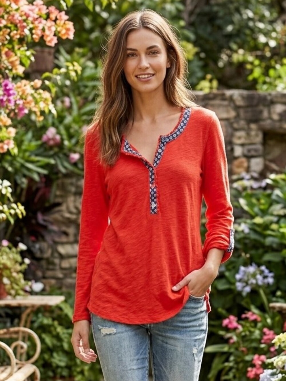 Anthropologie Postmark Women's Boho Indie Red Henley Longsleeve Top Size Small